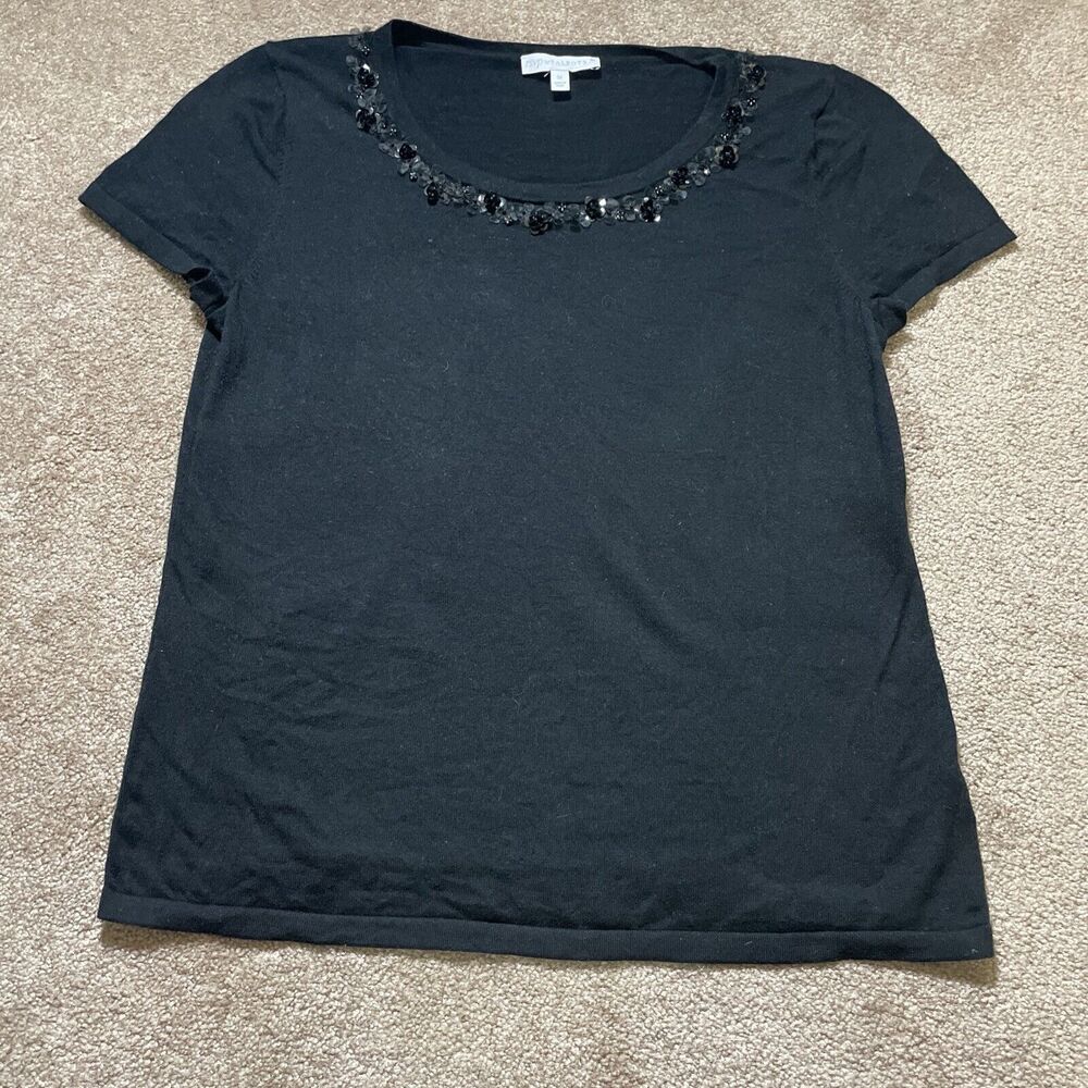 rsvp by talbots top Medium Short Sleeve Beaded Floral Collar Cotton Rayon Black